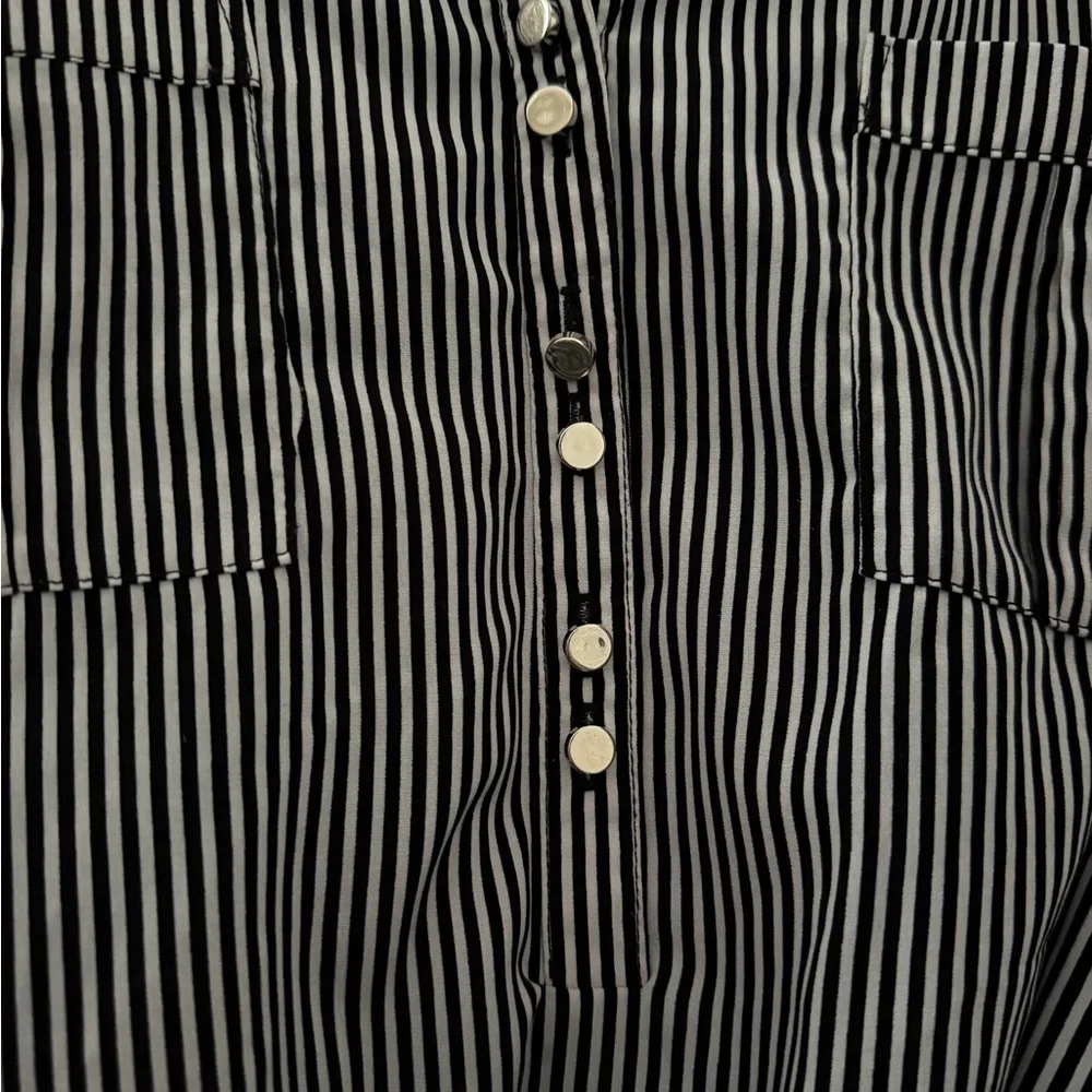 Notations Black White Striped Belted Blouse XL Roll Tab Sleeve - Picture 5 of 9